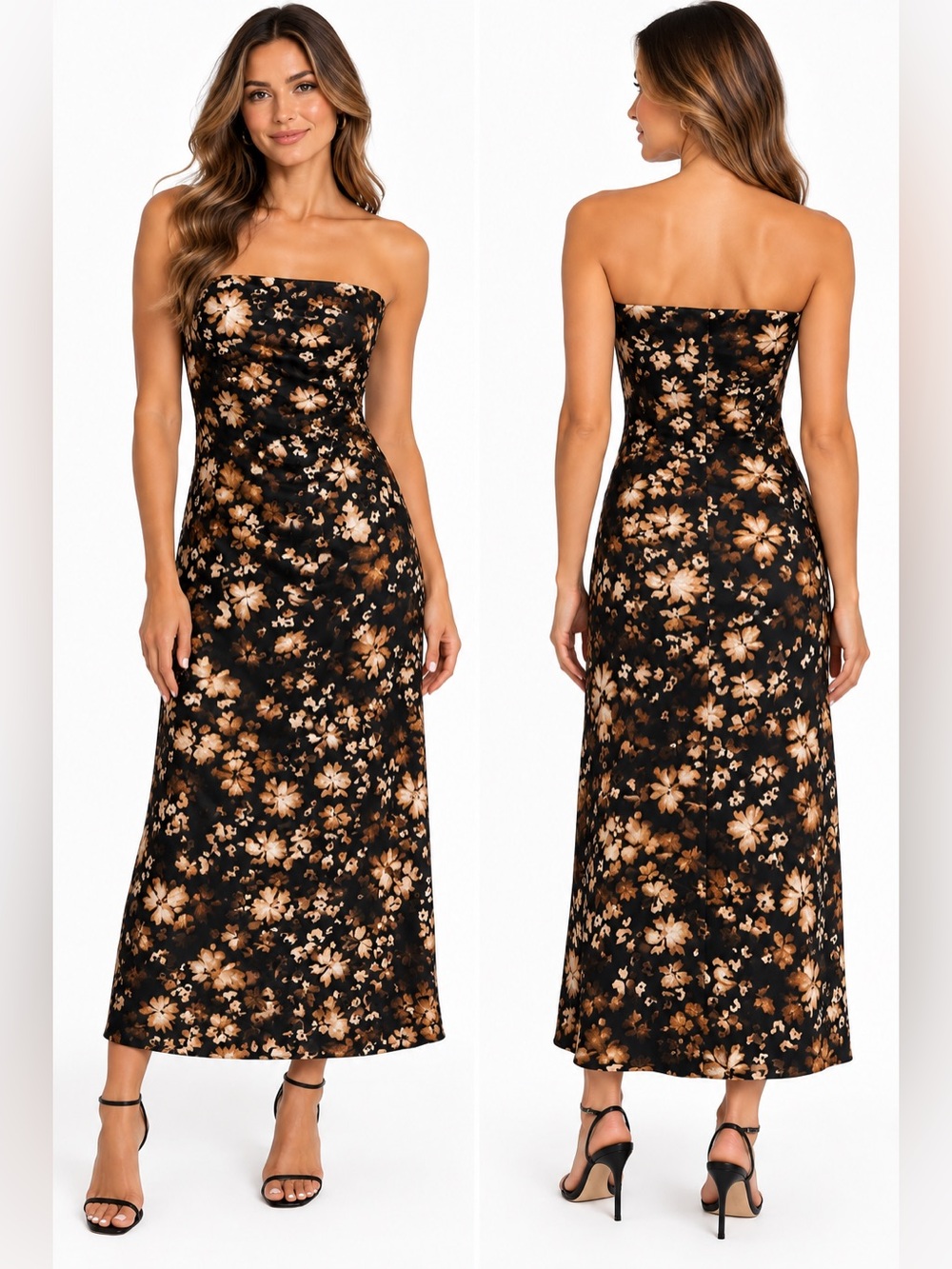 Black Floral strapless midi Slip Dress